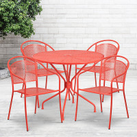 Flash Furniture CO-35RD-03CHR4-RED-GG 35.25" Round Table Set with 4 Round Back Chairs in Coral